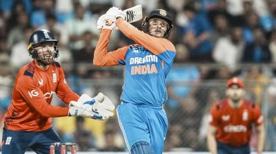 Abhishek Sharma plays a shot.