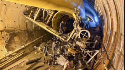 Nagarkurnool: Rescue operation underway to trace workers trapped inside the partially collapsed Telangana's Srisailam Left Bank Canal tunnel, in Nagarkurnool, Telangana. (PTI Photo)