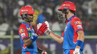 Visakhapatnam: Delhi Capitals' Abishek Porel and Tristan Stubbs celebrate after winning an Indian Premier League (IPL) 2025 T20 cricket match between Delhi Capitals (DC) and Sunrisers Hyderabad (SRH), at the ACA-VDCA International Cricket Stadium, in Visakhapatnam, Andhra Pradesh, Sunday, March 30, 2025. (PTI Photo/Swapan Mahapatra)