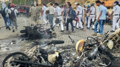 South 24 Parganas: Charred remains of police vehicles that were set on fire allegedly by members of Indian Secular Front (ISF) during a protest march to Kolkata over Waqf (Amendment) Act, at Bhangar in South 24 Parganas district, West Bengal, Monday, April 14, 2025. (PTI Photo)