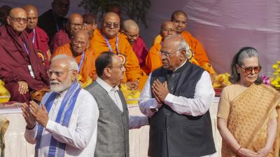New Delhi: Prime Minister Narendra Modi with Union Minister JP Nadda, Congress President Mallikarjun Kharge, and party leader Sonia Gandhi during a ceremony to pay tribute to BR Ambedkar on his birth anniversary, in New Delhi, Monday, April 14, 2025. (PTI Photo/Arun Sharma)