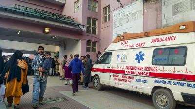 Anantnag:  People wait outside Government Medical College and Associated Hospital, Anantnag, where injured people are being treated after terrorists attacked a group of tourists at Pahalgam, in Anantnag district, Jammu & Kashmir, Tuesday, April 22, 2025. At least 12 people suffered injuries in the attack, according to officials. (PTI Photo)