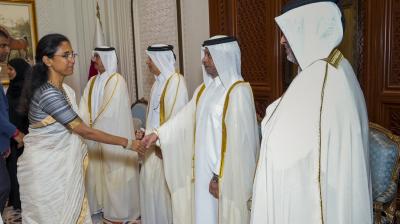 A multi-party delegation member and NCP (SP) leader Supriya Sule during a meeting with Deputy Speaker of the Qatar Shura Council Dr Hamda Al Sulaiti and other Qatari MPs, in Doha, Qatar. (PTI Photo)