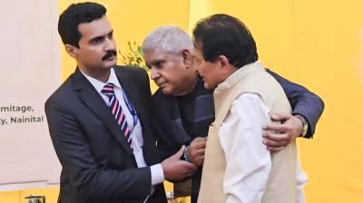 Nainital: Vice President Jagdeep Dhankhar being taken for medical aid after he fell ill during an event, in Nainital, Uttarakhand, Wednesday, June 25, 2025. (PTI Photo)