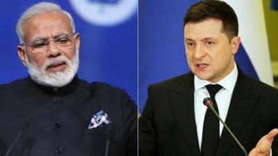 ਭਾਰਤ ਦੇ ਪ੍ਰਧਾਨ ਮੰਤਰੀ ਨਰਿੰਦਰ ਮੋਦੀ (ਖੱਬੇ) ਅਤੇ ਯੂਕਰੇਨ ਦੇ ਰਾਸ਼ਟਰਪਤੀ ਵਲਾਦੀਮੀਰ ਜ਼ੇਲੈਂਸਕੀ।