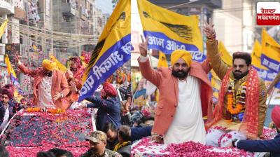 Punjab Chief Minister Bhagwant Mann holds roadshow for AAP candidate Pravesh Ratan from Patel Nagar