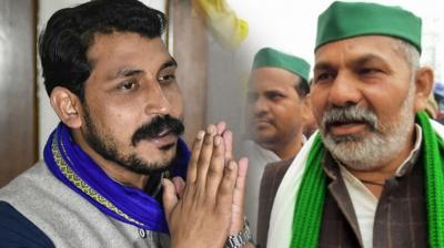 Chandrashekhar Azad meets farmer leader Rakesh Tikait at Ghazipur