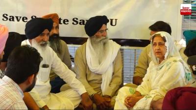 SGPC President Harjinder Singh Dhami arrives to join protest at Panjab University