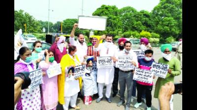 ਮੋਹਾਲੀ ਅਤੇ ਡੇਰਾਬੱਸੀ ਵਿਖੇ ਪੁਤਲੇ ਫੂਕਦੇ ਹੋਏ 'ਆਪ' ਆਗੂ।