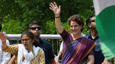 Priyanka Gandhi Vadra during a roadshow in Silchar, Assam 