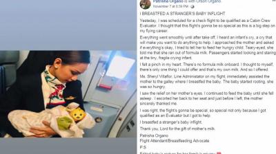 Flight attendant breastfeeds 