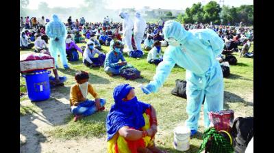 ਜਲੰਧਰ ਵਿਖੇ ਪ੍ਰਵਾਸੀ ਮਜ਼ਦੂਰ ਅਪਣੇ ਸੂਬਿਆਂ ਨੂੰ ਜਾਣ ਤੋਂ ਪਹਿਲਾਂ ਜਾਂਚ ਕਰਵਾਉਣ ਲਈ ਇਕੱਠੇ ਹੋਏ।  ਪੀਟੀਆਈ