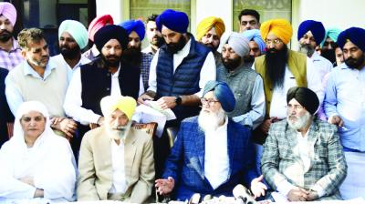 Former Chief Minister Parkash Singh Badal and other Akali leaders addressing the press