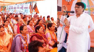 ਫੋਟੋ ਕੈਪਸ਼ਨ:ਭਾਜਪਾ ਦੇ ਉਮੀਦਵਾਰ ਡਾ: ਸੁਭਾਸ਼ ਸ਼ਰਮਾ ਚੋਣ ਪ੍ਰਚਾਰ ਦੌਰਾਨ 