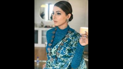 Hina Khan Looking Fabulous in Saree Designed by Ilk Earrings by Geetanjali, Neckpiece: Shubhashini Ornamentals