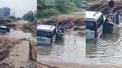 BJP MLA Sukhram Chaudhary's car stuck in the drain himachal pradesh