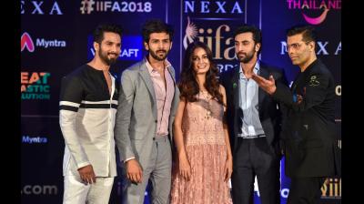 Bollywood Actors  Kartik Aaryan,Dia Mirza ,Ranbir Kapoor and Karan Johar Pose for a Photo During a Press Confrence for 19th edition of IIFA Weekend Awards 2018