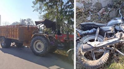 ਟਰੈਕਟਰ ਟਰਾਲੀ ਅਤੇ ਨੁਕਸਾਨਿਆ ਗਿਆ ਮੋਟਰਸਾਈਕਲ ਦੀ ਤਸਵੀਰ