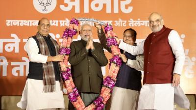 Hindi heartland states turn saffron, Congress wins Telangana