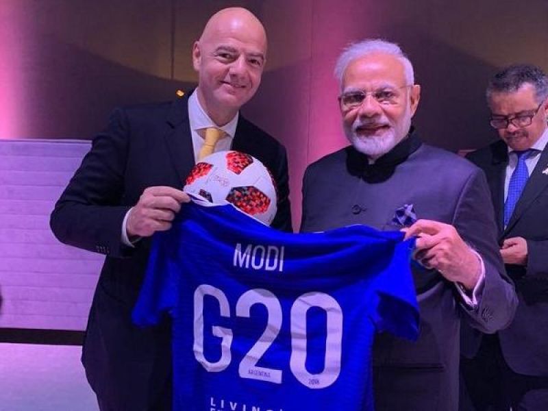FIFA President Infantino gifts PM Narendra Modi custom-made G20 football jersey