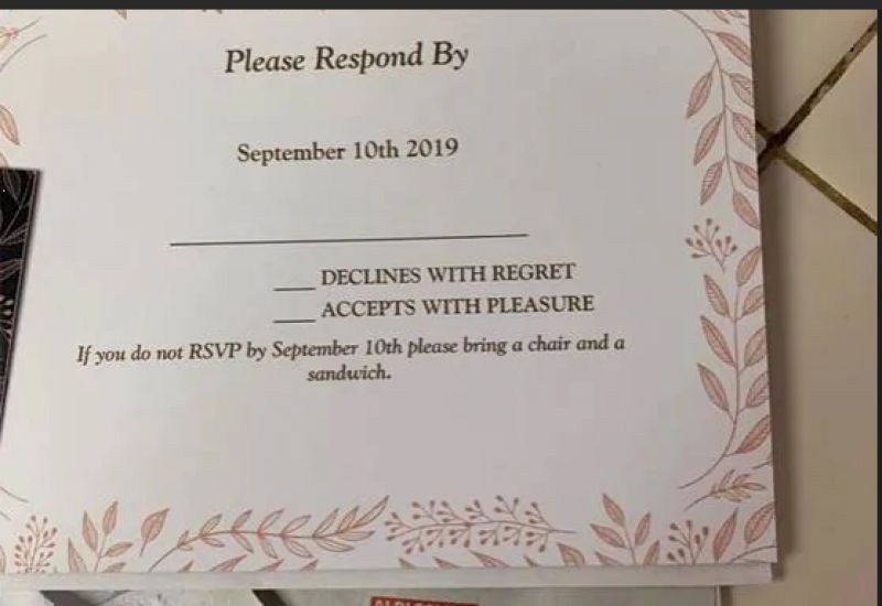 couple viral wedding card guest bring chair sandwich