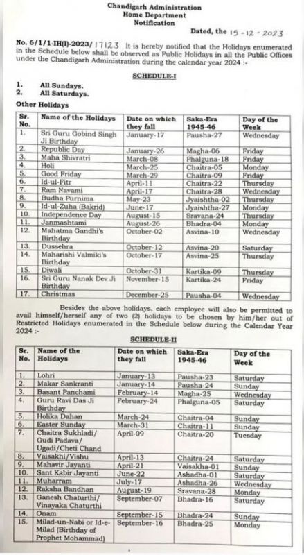 Chandigarh Gazetted Holiday List 2024 Chandigarh Gazetted Holiday List 2024