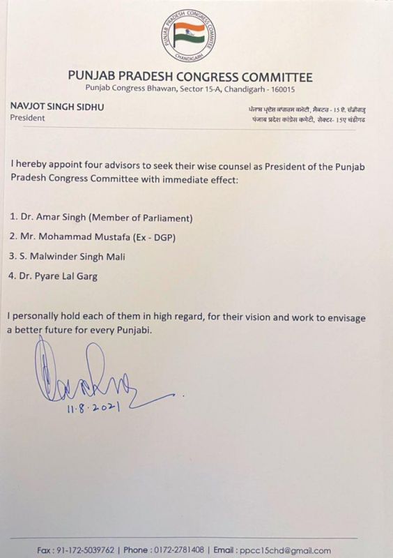 Navjot Sidhu Appoints 4 Advisors Navjot Sidhu Appoints 4 Advisors