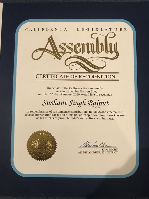 Sushant Singh Rajput honoured: California State Assembly recognises late actor for contribution to cinema