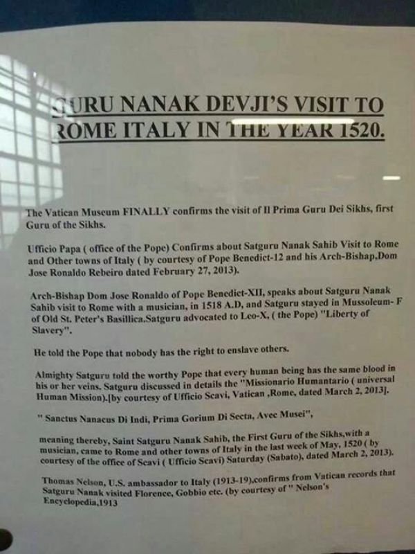 No Evidence of Guru Nanak Dev Ji Visiting Rome