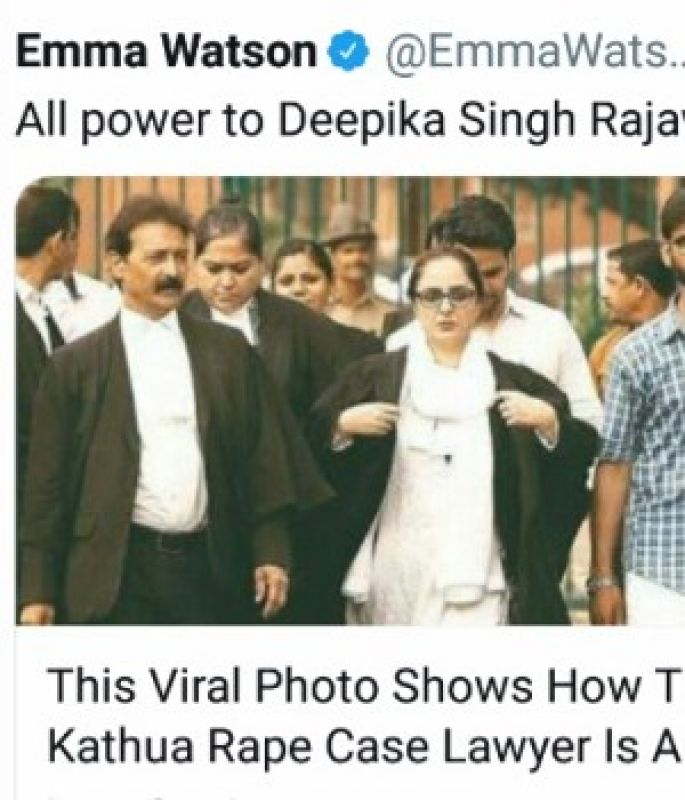 kathua gangrape : emma watson tweet in support lawyer deepika rajawat