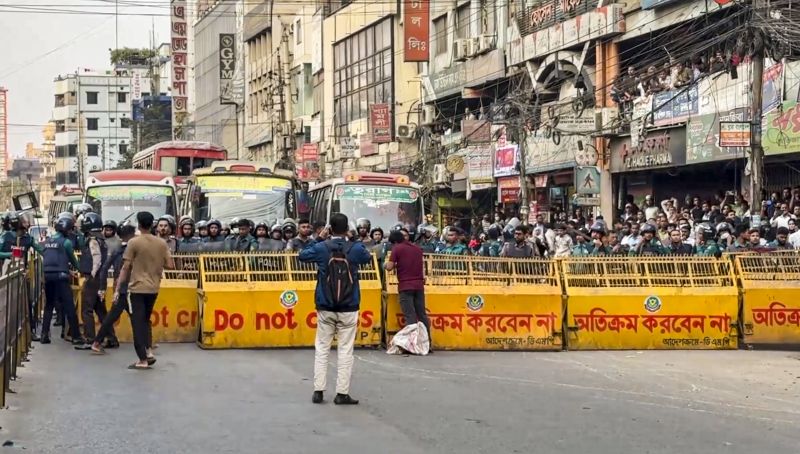 Dhaka: Bangladeshi groups gather for a march following the MEA's summoning of the Bangladesh High Commissioner over a threat to the Indian mission, in Dhaka, Bangladesh, Wednesday, Dec. 17, 2025. (PTI Photo)