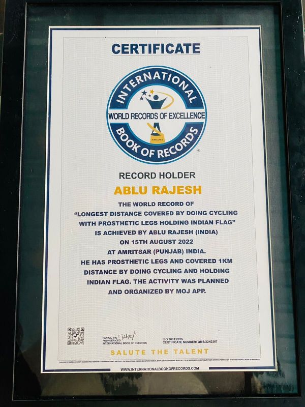 Ablu Rajesh Kuma Sets a new world record on 15th August 