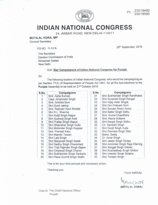 Congress releases list of 40 star-campaigners for Punjab bypolls