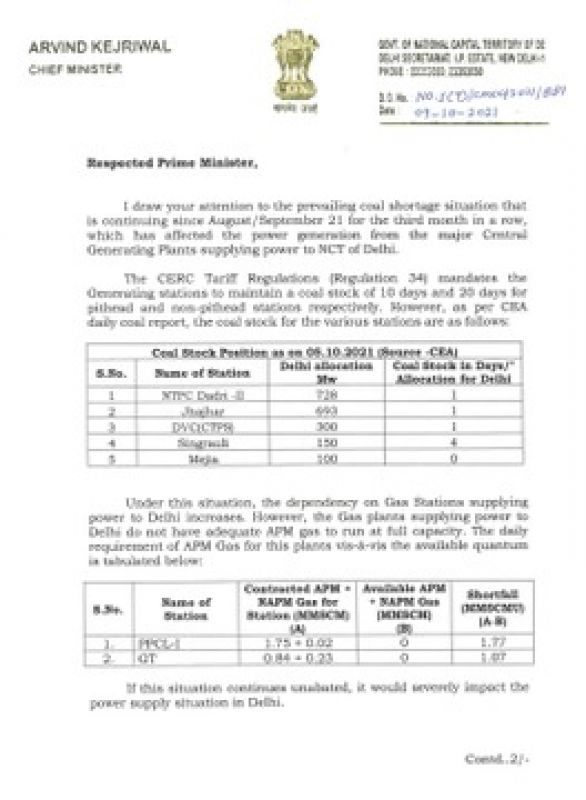 ( Arvind Kejriwal writes letter to PM Modi over coal shortage) ( Arvind Kejriwal writes letter to PM Modi over coal shortage)