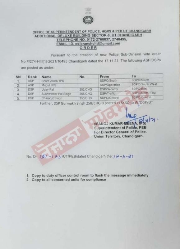 Transfer of 19 Inspectors including 2 ASPs and 3 DSPs in Chandigarh Police Transfer of 19 Inspectors including 2 ASPs and 3 DSPs in Chandigarh Police