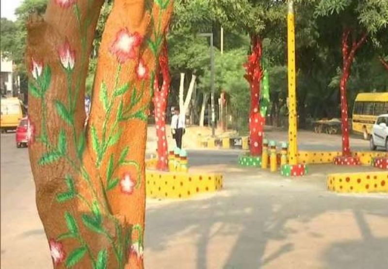 Trees painted with colours