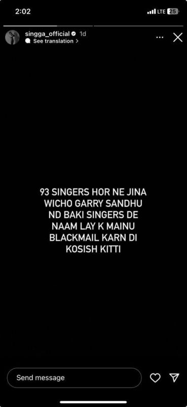 Punjabi singer Singga intsagram post