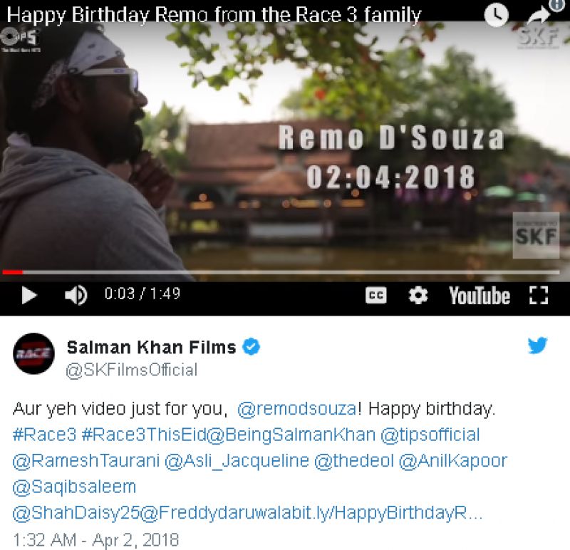 'Race 3' team wishes Remo D'Souza 