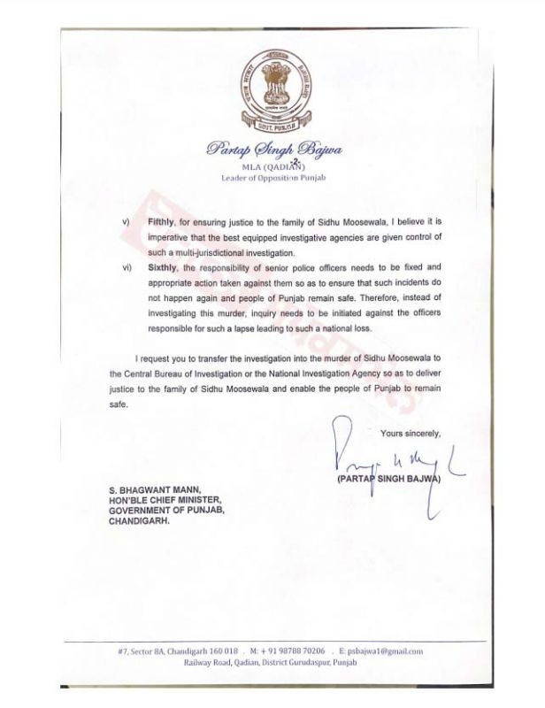 Partap Singh Bajwa's letter to CM Mann