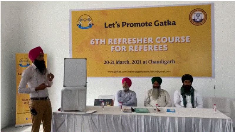 After receiving the referee certificate for the Gatka refresher course, President Harjit Singh Grewal is seen standing with other office bearers.