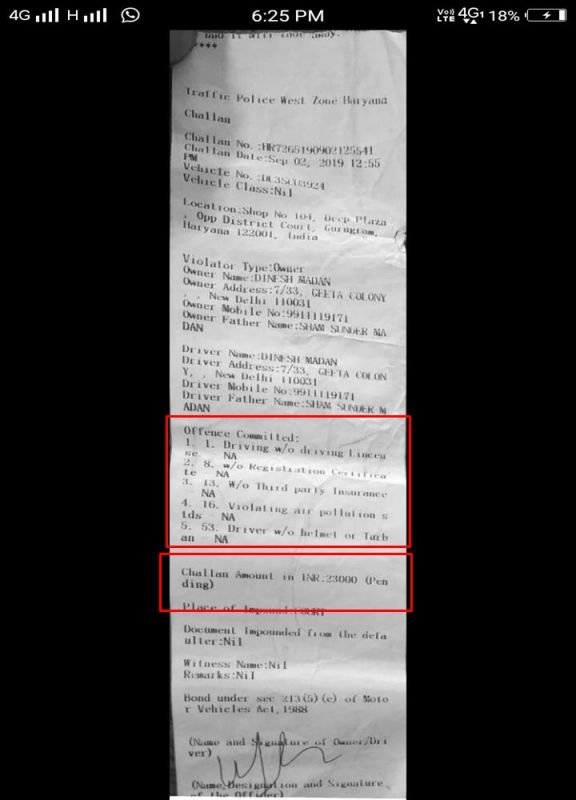 Rs 23,000 challan for scooty owner in Gurugram 