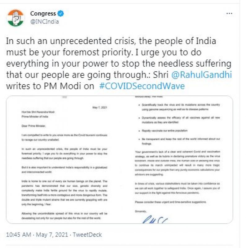 Rahul Gandhi writes to Prime Minister Narendra Modi