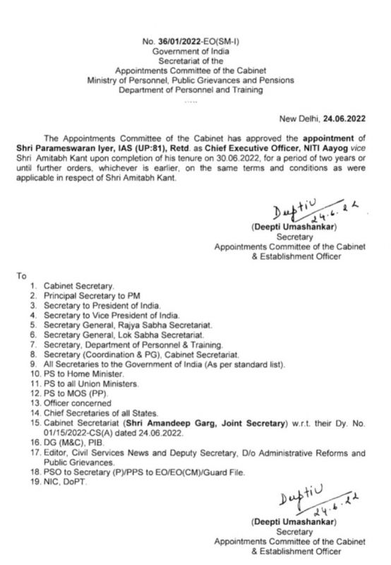 Parameswaran Iyer to take over as Niti Aayog CEO Parameswaran Iyer to take over as Niti Aayog CEO