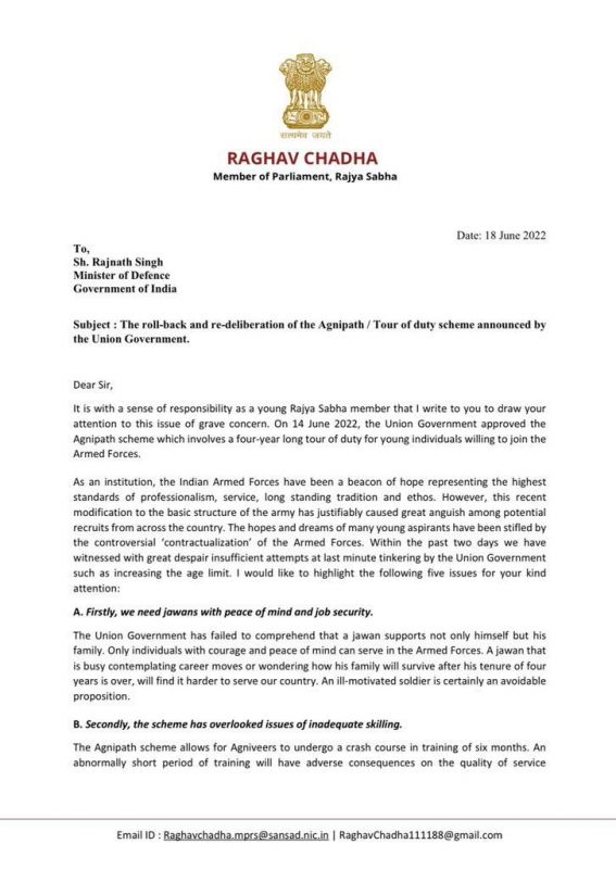 Raghav Chadda letter Raghav Chadda letter