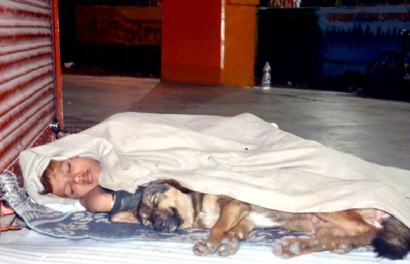Homeless Boy sleeping on a footpath with a dog