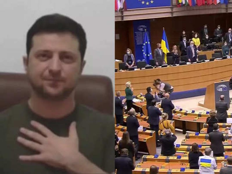  Ukraine President gets standing ovation after emotional speech at European parliament