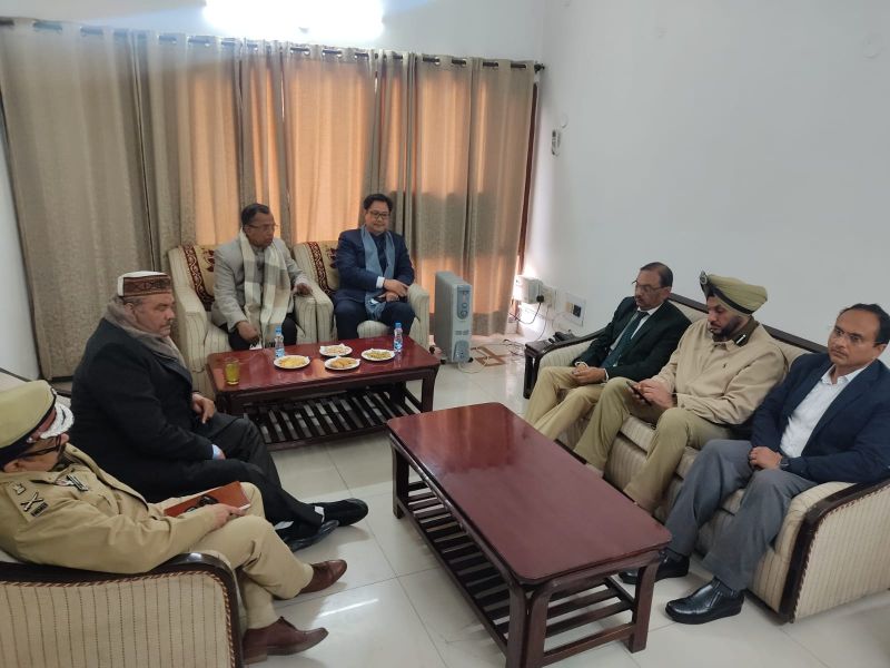 Union Ministers Kiran Rijiju and Som Parkash along with Vijay Sampla holding meeting with Divisional Commissioner Chander Gaind, DC Varinder Kumar Sharma and CP Gurpreet Singh Bhullar at Circuit House Ludhiana today
