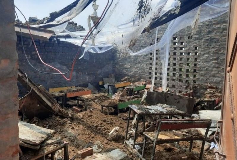collapsed roof of school room