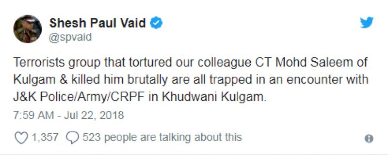 3 Terrorists Who Killed Policeman Shot Dead In Kulgam